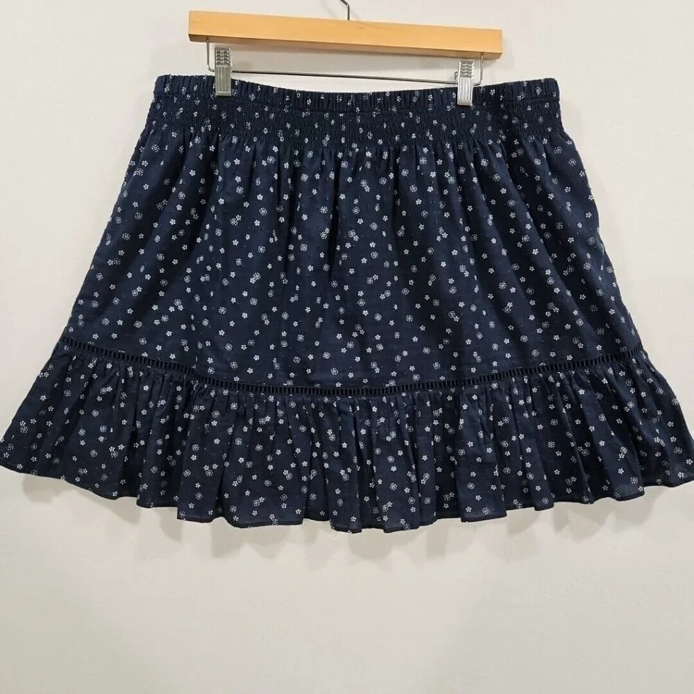 Madewell Womens Smock Waist Ruffle Mini Skirt Size‎ XL Navy Blue Floral Pull On